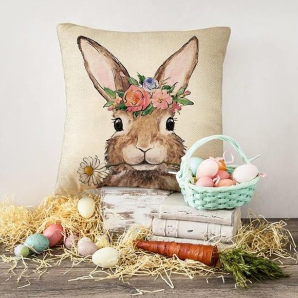 Easter Throw Pillow Covers Decorative Bunny Accent Cases Cottage Spring Decor - Picture 2 of 6